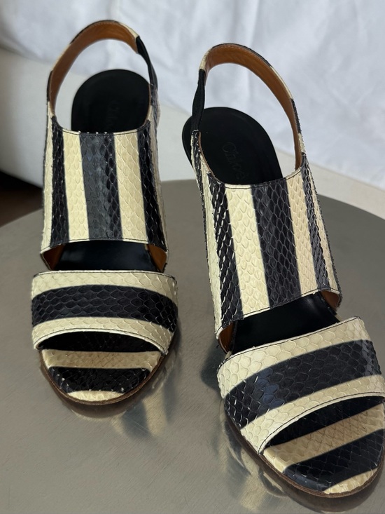 Chloe Shoes - Chloe Black and Cream Striped Slingback Heels